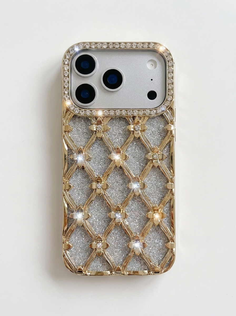 Gold Lattice Rhinestone Glitter Case