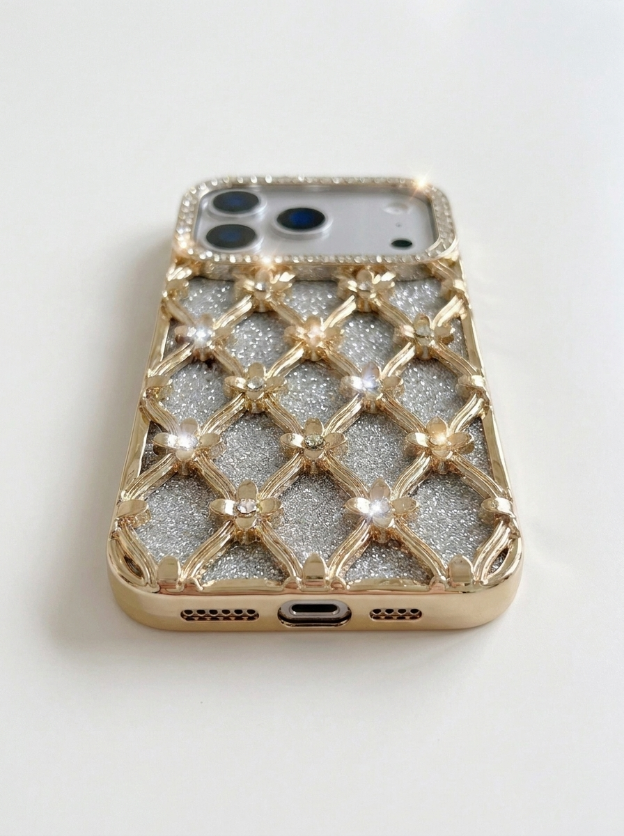 Gold Lattice Rhinestone Glitter Case