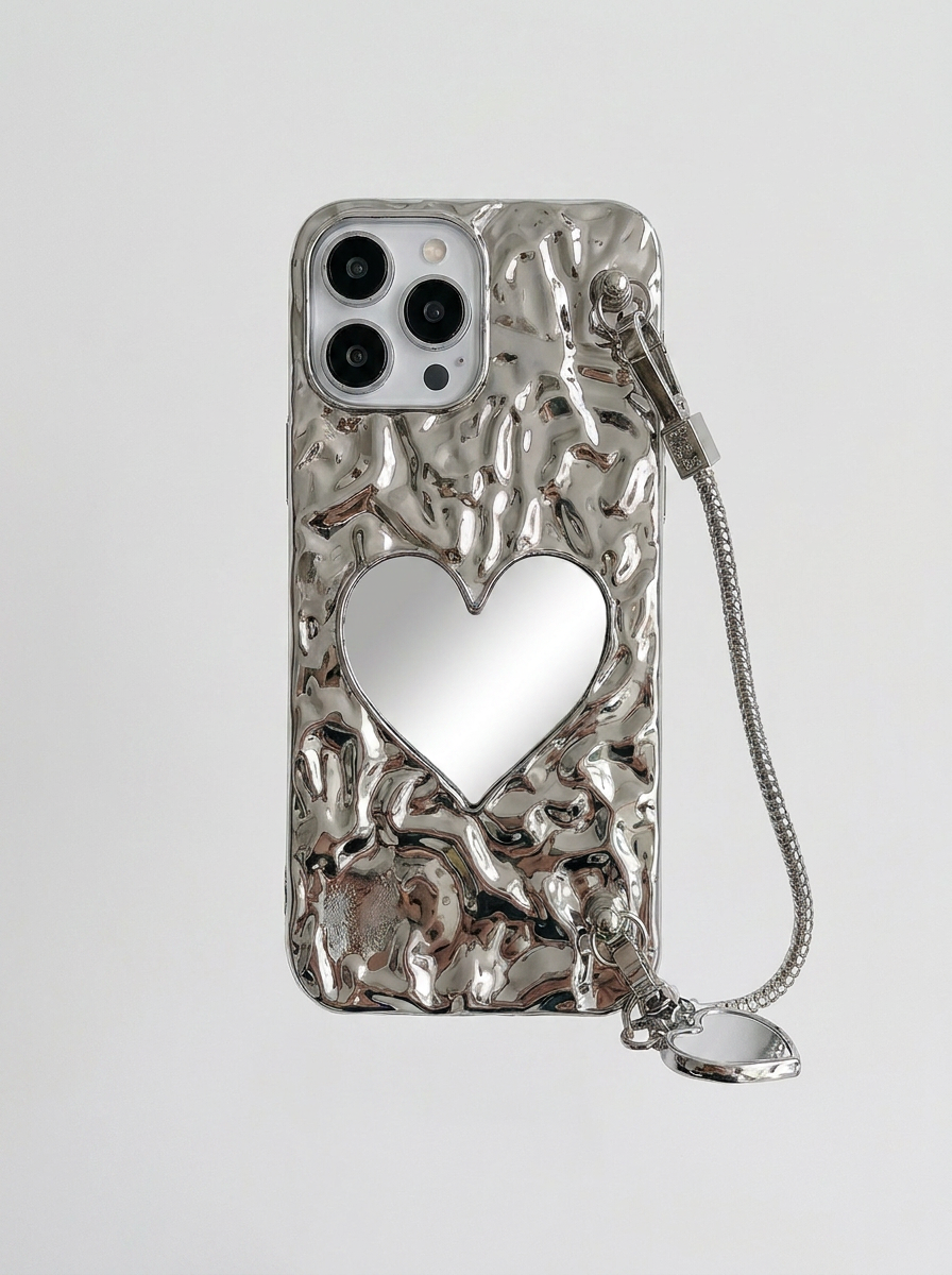 Silver 3D Heart Mirror Case