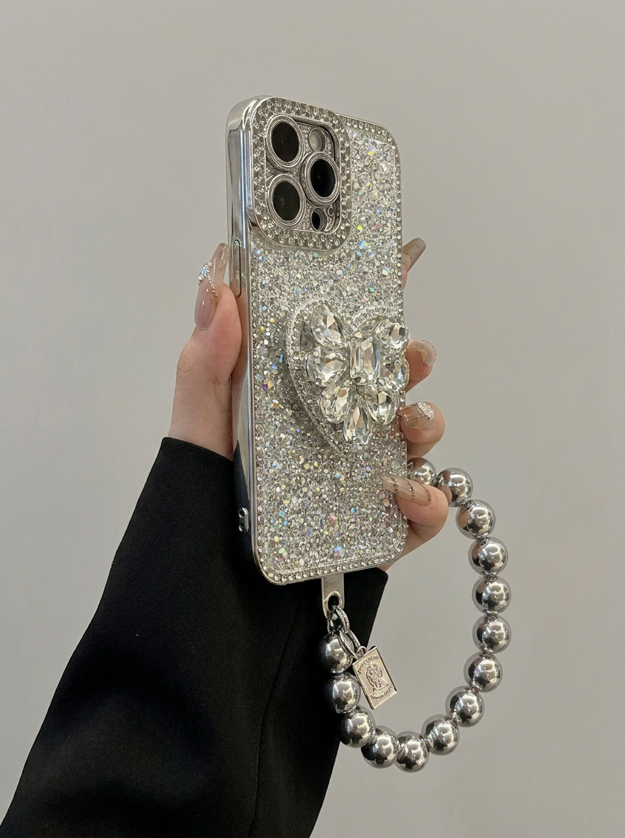 Silver Crystal Flower Rhinestone Case